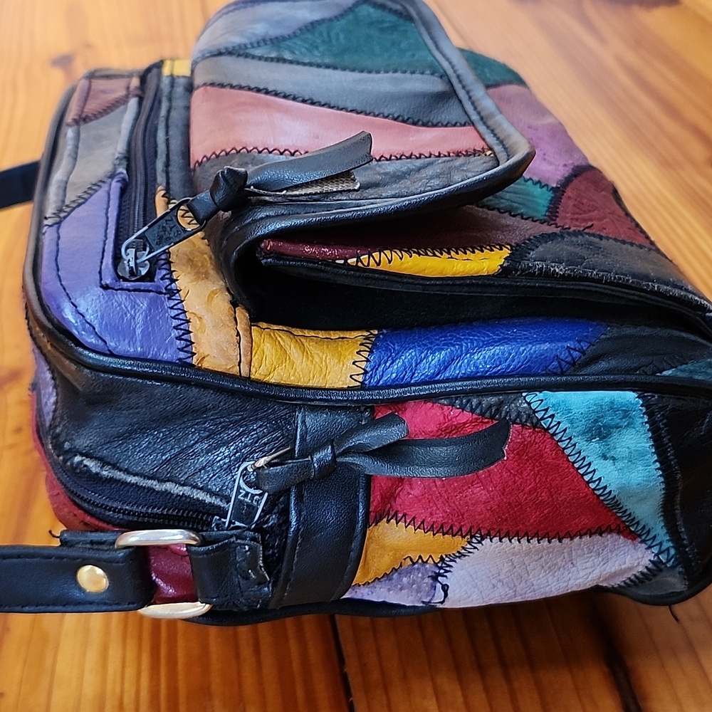Vtg Genuine Leather Multicolor Patchwork Crossbod… - image 4
